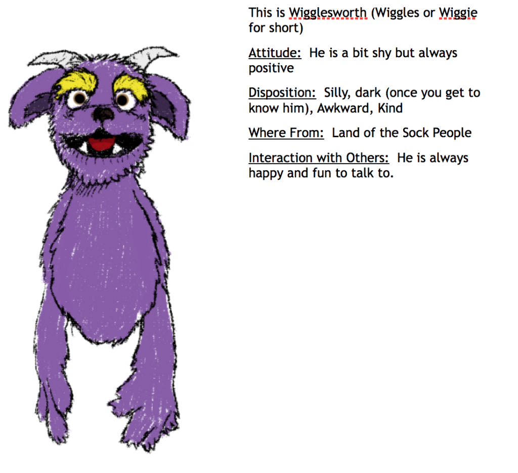 sketch of purple monster puppet with horns and two fangs, also character description