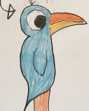 sketch of blue bird puppet, with big eyes and yellow orange beak