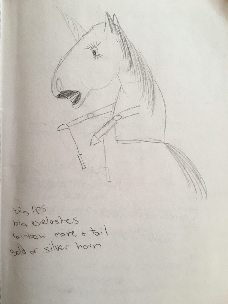 pencil sketch of unicorn puppet