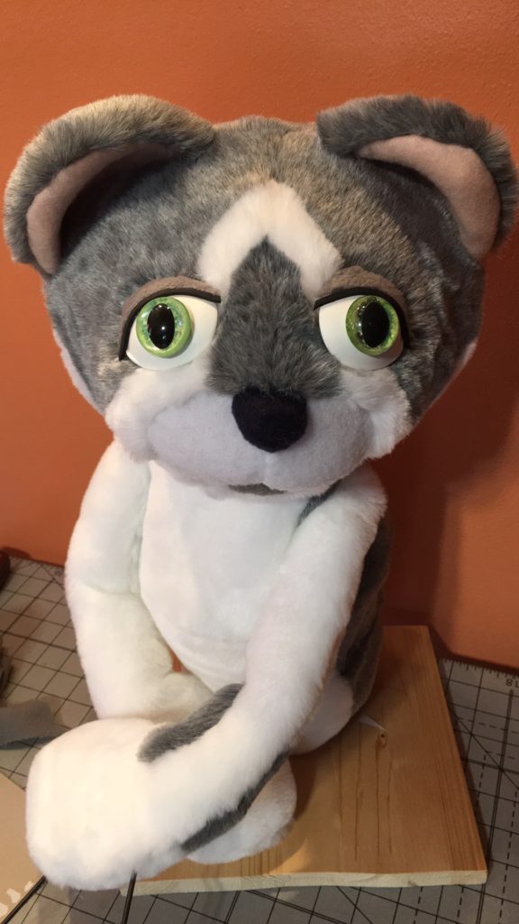 grey and white cat puppet